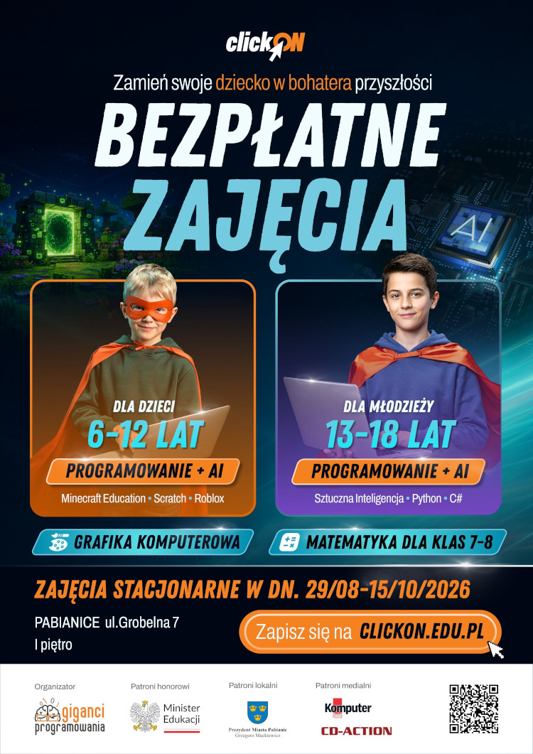 bezpłatne zajęcia z programowania, sztucznej inteligencji, grafiki komputerowej i matematyki dla dzieci i młodzieży w Pabianicach. Zajęcia stacjonarne odbędą się od 29 do 15 października 2026 roku