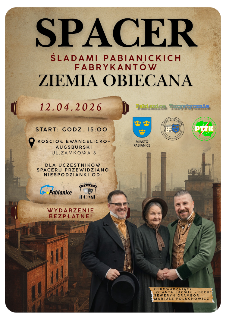 Plakat w formacie pionowym, stylizowany na retro (sepia, odcienie brązu), promujący spacer historyczny w Pabianicach, treść poniżej