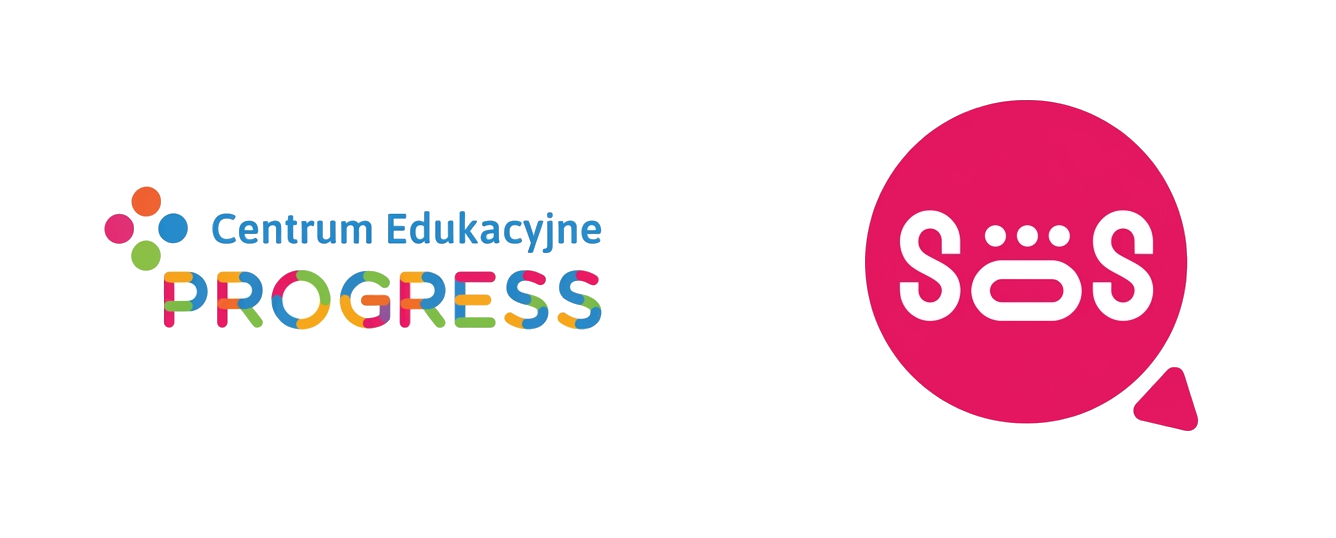 Logo Centrum Edukacyjne Progress po lewej stronie oraz r&oacute;żowe koło z białym napisem SOS po prawej stronie