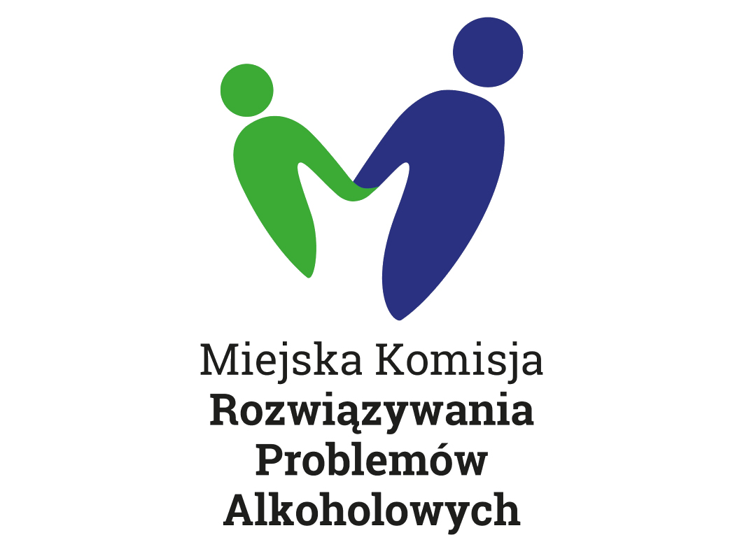 Logo Miejskiej komisji rozwiązywania problem&oacute;w alkoholowych, dwie postacie zielona i granatowa trzymające sie za ręce