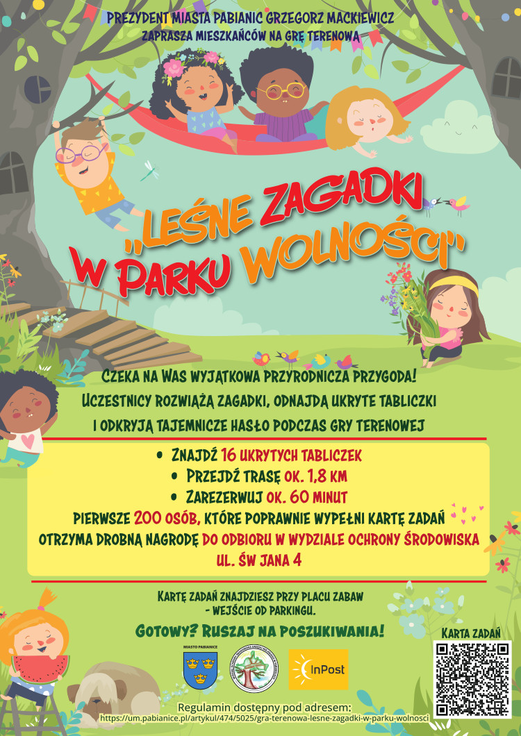 Plakat zachęcający do gry terenowej z dziećmi w lesie, pt. &bdquo;Leśne Zagadki w Parku Wolności&rdquo;, treść poniżej