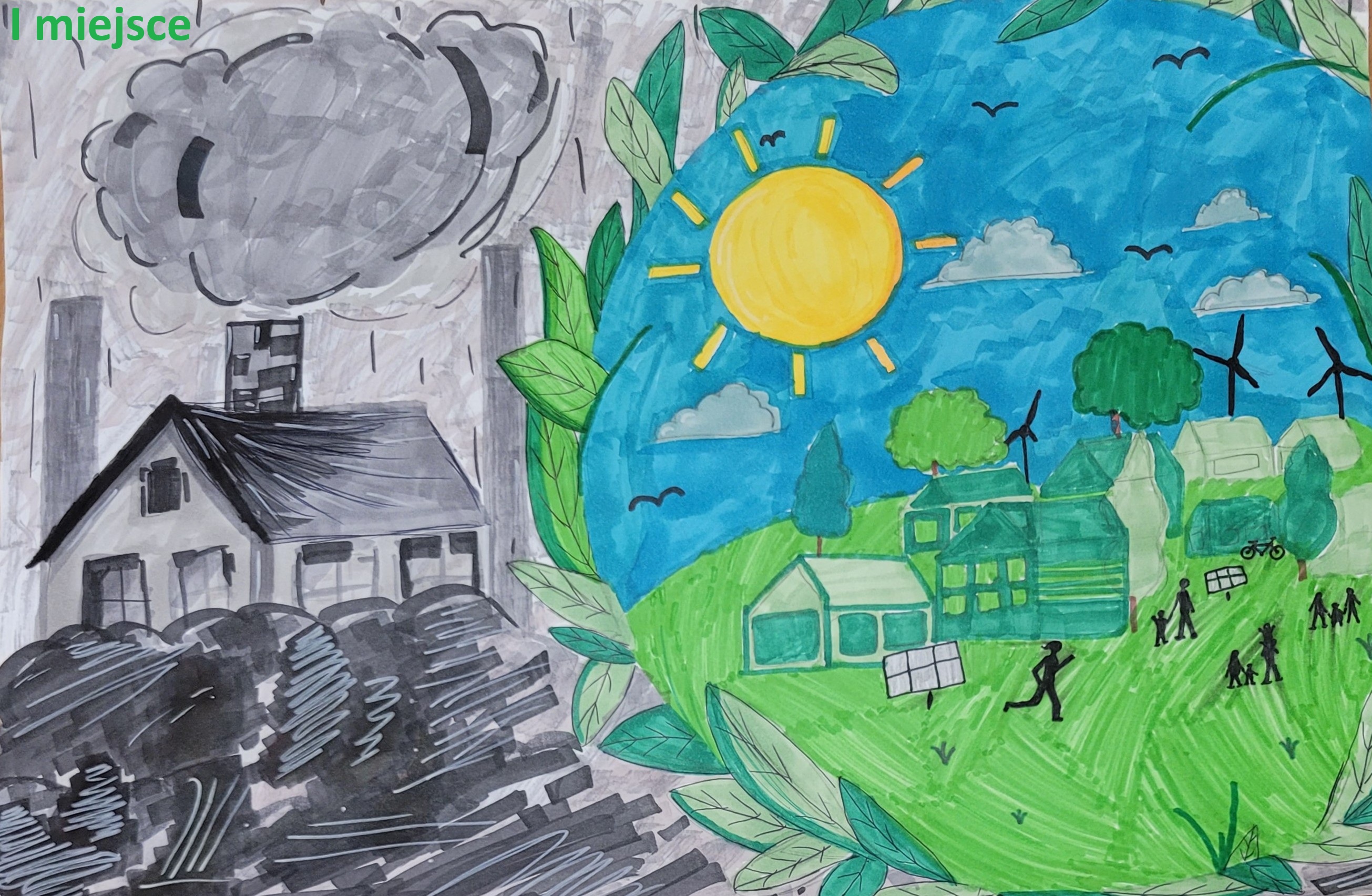 plakat wykonany mazakami, p&oacute;ł plakatu czarno-biała a część kolorowa przedstawiająca dwa światy