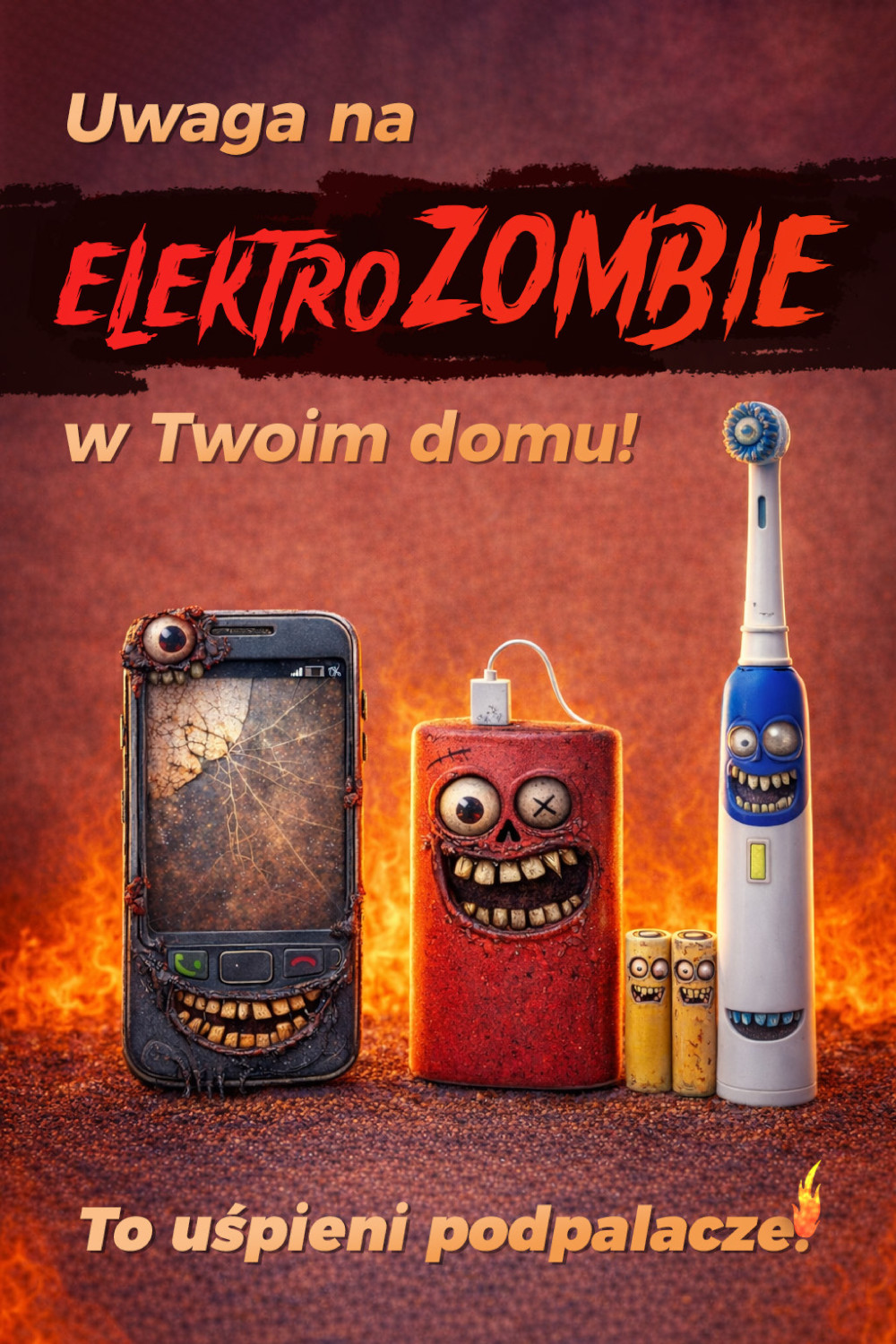 Plakat ostrzegawczy z napisem &bdquo;Uwaga na ELEKTROZOMBIE w Twoim domu!&rdquo;. Przedstawia smartfon, powerbank i szczoteczkę jako potworki na tle ognia.