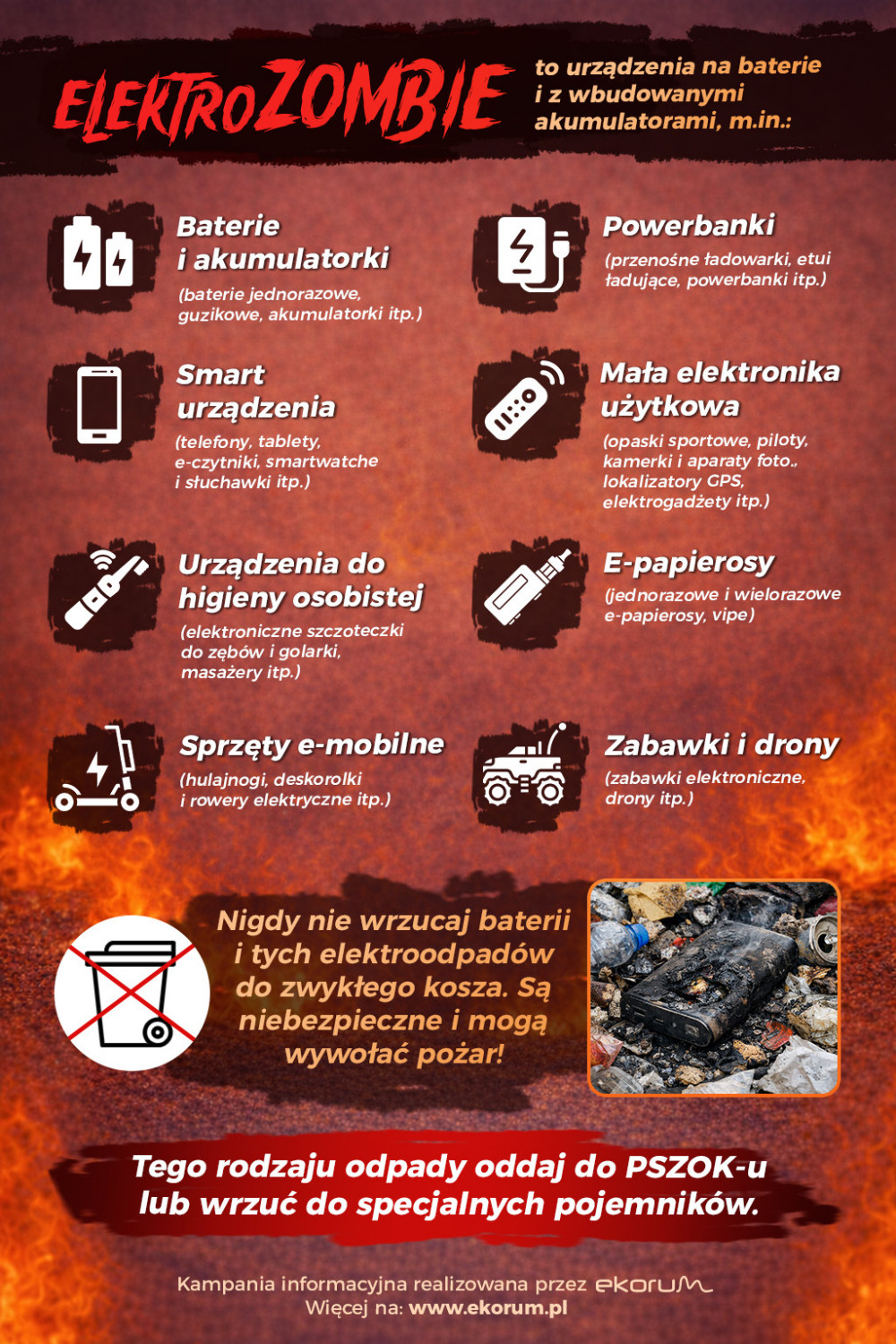 Ulotka &bdquo;ELEKTROZOMBIE&rdquo; na tle ognia. Pokazuje przykłady elektroodpad&oacute;w i ostrzega, by nie wyrzucać baterii do zwykłego kosza, lecz oddać do PSZOK.