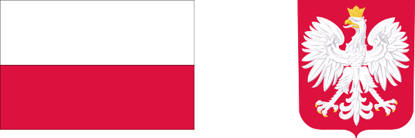 flaga Polski - dwa poziome, równoległe pasy tej samej szerokości, górny biały, a dolny czerwony; godło - wizerunek orła białego ze złotą koroną na głowie zwróconej w prawo, z rozwiniętymi skrzydłami, z dziobem i szponami złotymi, umieszczony w czerwonym polu tarczy