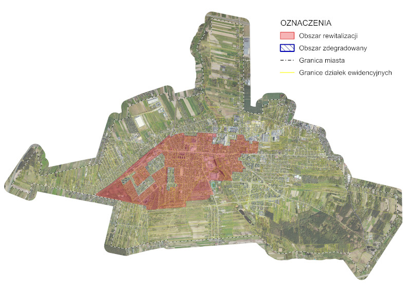 mapa miasta z zaznaczonym obszarem rewitalizacji